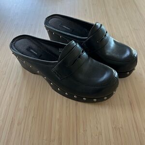 Black Leather Clogs with Studded Details